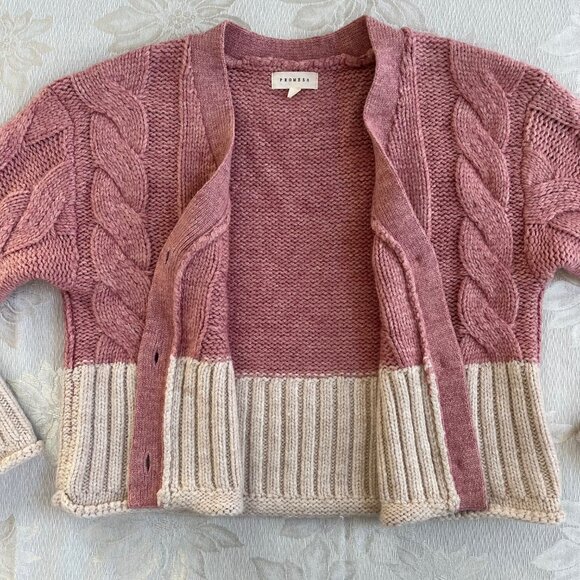Promesa Pink and Cream Colorblock Cable Knit Sweater Cardigan - Picture 3 of 16